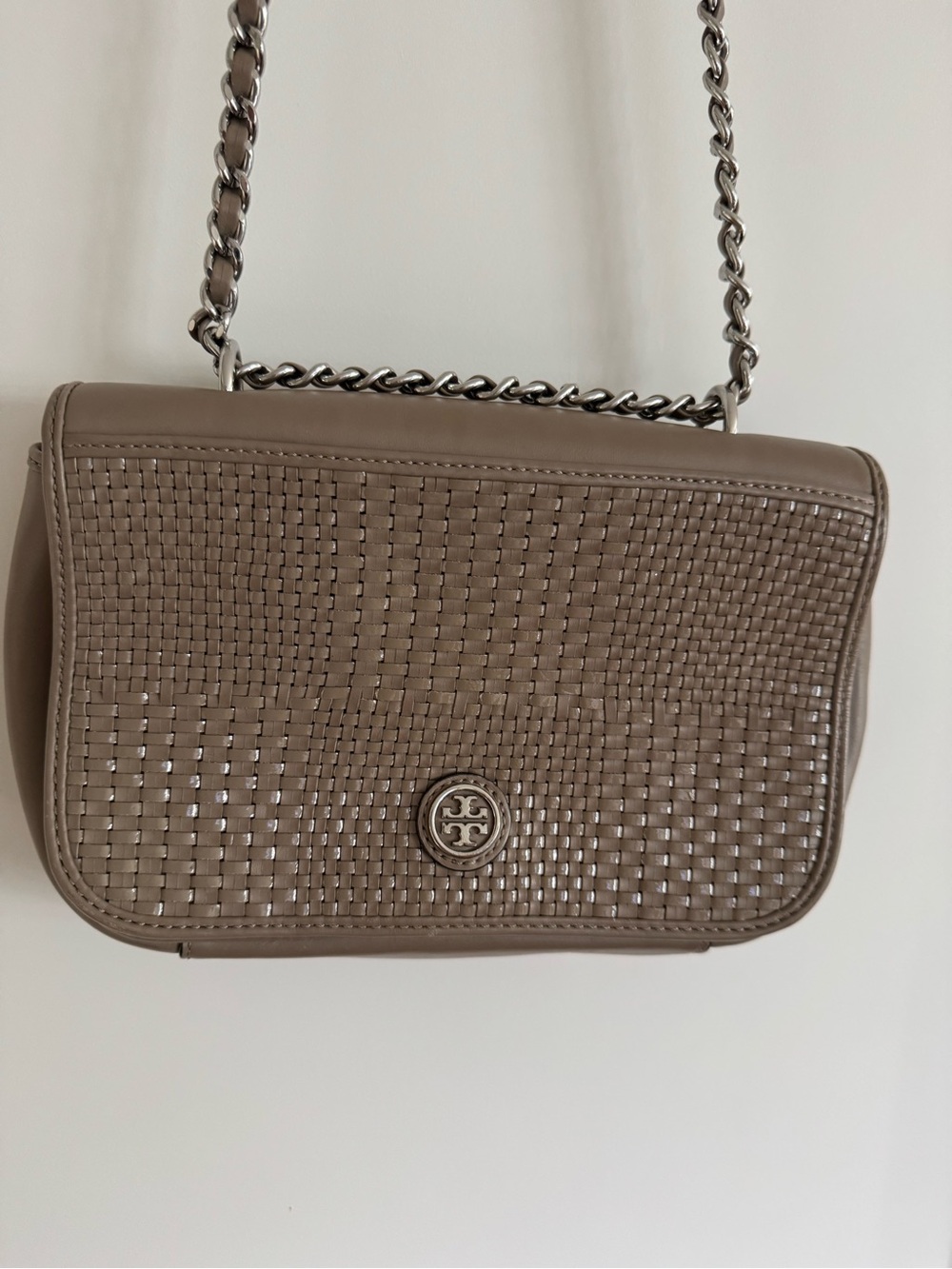 Tory Burch Taupe Woven Leather Shoulder Bag with Silver Chain